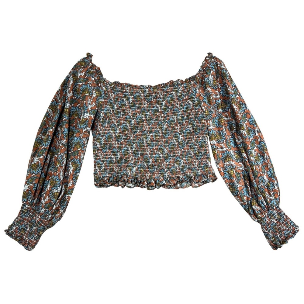 Rock & Roll Denim Womens Paisley Smocked Crop Top Balloon Sleeve Boho Cottage L